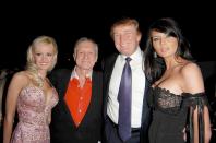 <p>Holly Madison, Hugh Hefner, Donald Trump and Melania Knauss at the <em>Playboy</em> Magazine 50th Anniversary Party in New York City on Dec. 4, 2003. (Photo: Sipa Press/REX/Shutterstock) </p>