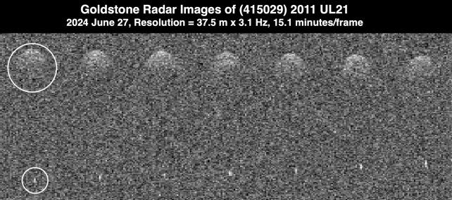 Images of 2011 UL21, showing its tiny moon. (<a href="https://www.jpl.nasa.gov/news/nasas-planetary-radar-tracks-two-large-asteroid-close-approaches" rel="nofollow noopener" target="_blank" data-ylk="slk:NASA/JPL-Caltech;elm:context_link;itc:0;sec:content-canvas" class="link ">NASA/JPL-Caltech</a>)