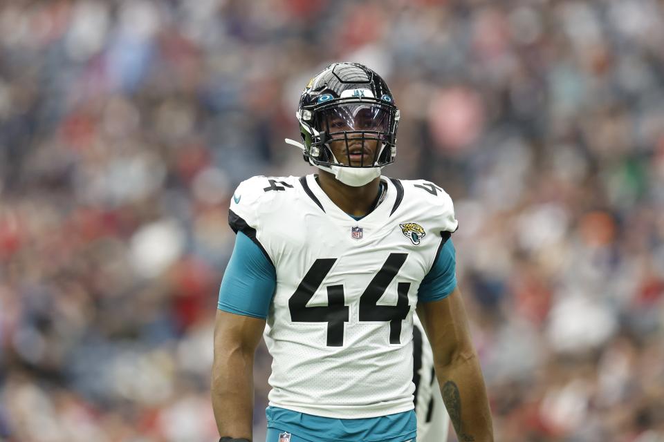 Jacksonville Jaguars linebacker Travon Walker (44) during an NFL football game against the Houston Texans on Sunday, January 1, 2023, in Houston. (AP Photo/Matt Patterson)