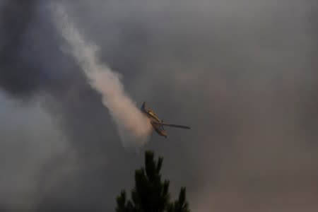 Firefighting plane dumps water on a forest fire next to the village of Vila de Rei