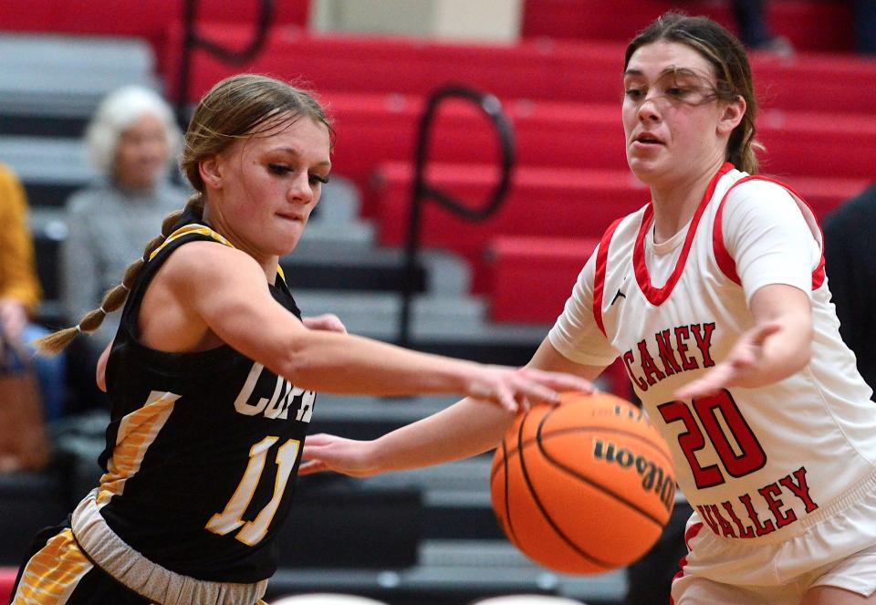 Determined Copan High ballhandler Kylee Cobb, left, encounters equally focused Caney Valley High defender Myah Edwards during the Caney Valley Invitational play on Jan. 19, 2023.