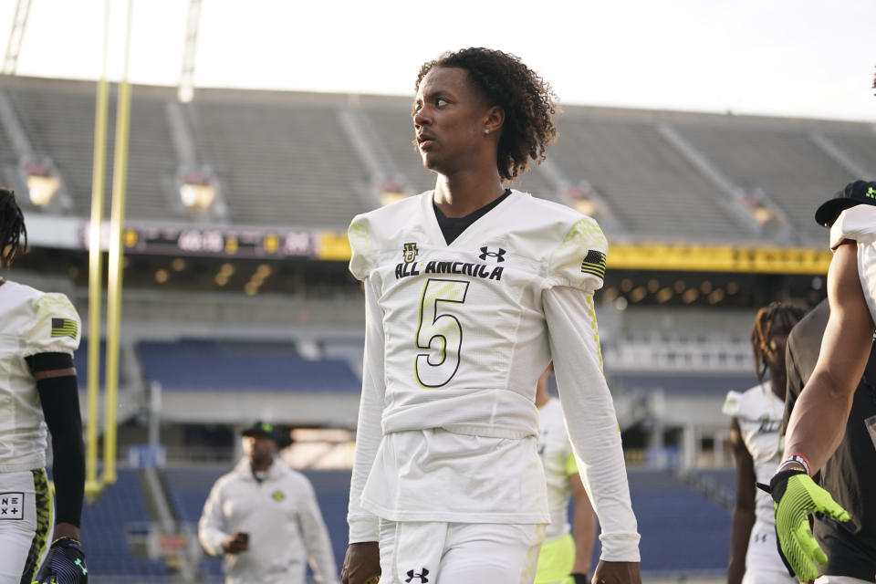 ORLANDO, FL - JANUARY 03: Team Speed quarterback Jaden Rashada (5) before the Under Armour Next All-America Football Gameon January 03, 2023, at Camping World Stadium in Orlando, FL. (Photo by Chris Leduc/Icon Sportswire via Getty Images)