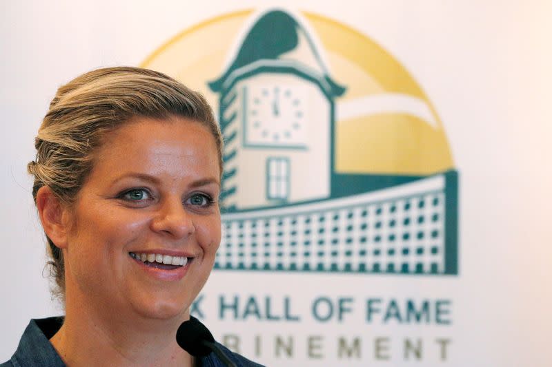 Kim Clijsters of Belgium smiles during a news conference before being inducted into the International Tennis Hall of Fame in Newport