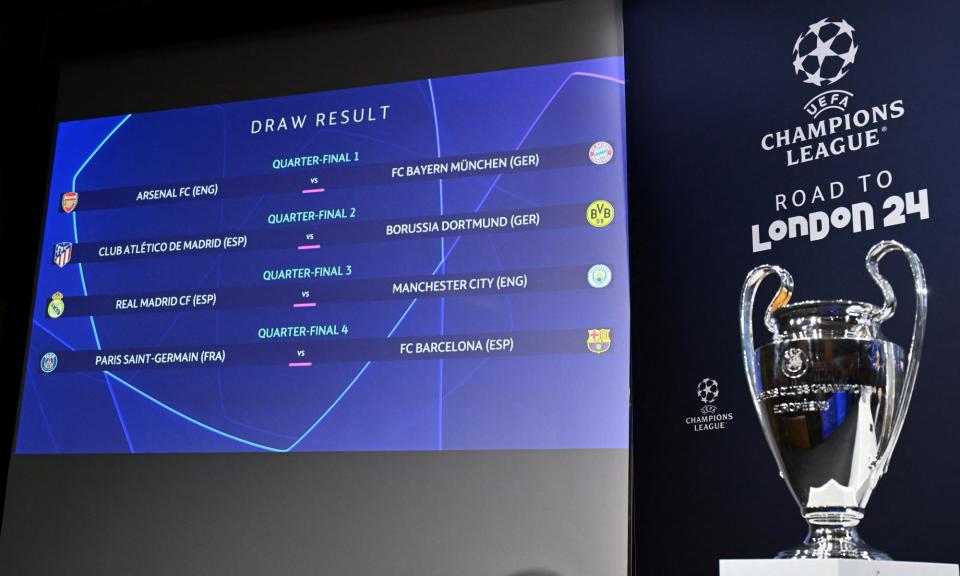 <span>The Champions League quarter-final draw.</span><span>Photograph: Fabrice Coffrini/AFP/Getty Images</span>