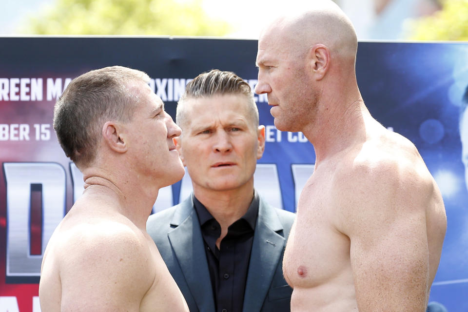 Paul Gallen and Barry Hall face off during the Official Weigh In.