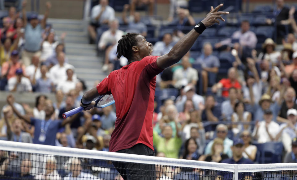 Gael Monfils, of France, reacts after winning a point against Matteo Berrettini, of Italy, during the quarterfinals of the U.S. Open tennis championships Wednesday, Sept. 4, 2019, in New York. (AP Photo/Frank Franklin II)