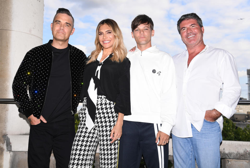 Robbie Williams, Ayda Field, Louis Tomlinson and Simon Cowell attending the X Factor photocall held at Somerset House, London. Photo credit should read: Doug Peters/EMPICS