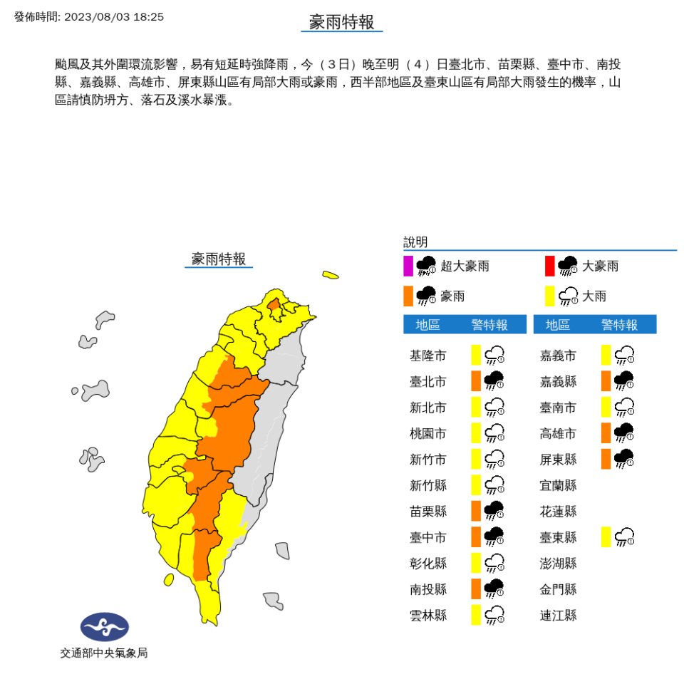 16縣市有豪、大雨發生的機率。（圖／翻攝自氣象局官網）