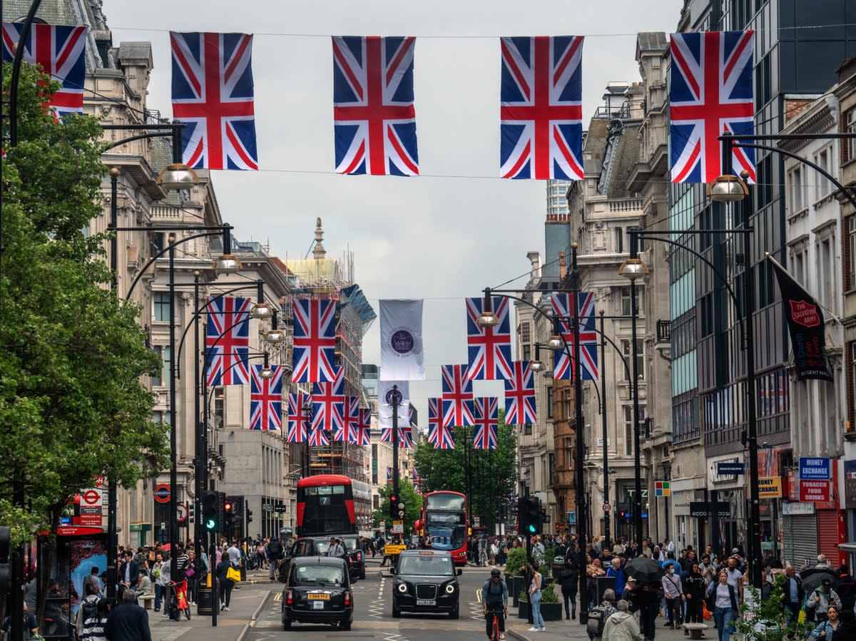 Union Jack flags displayed across London’s Oxford Street to mark the forthcoming Platinum Jubilee celebrations (Getty Images)