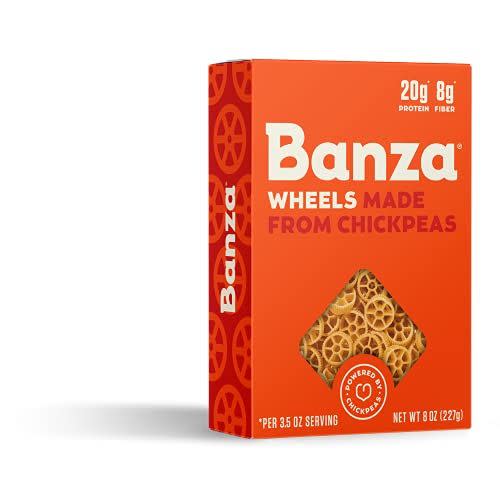 <p><strong>Banza</strong></p><p>amazon.com</p><p><strong>$26.99</strong></p><p><a href="https://www.amazon.com/dp/B071LDK7TH?tag=syn-yahoo-20&ascsubtag=%5Bartid%7C2140.g.38005383%5Bsrc%7Cyahoo-us" rel="nofollow noopener" target="_blank" data-ylk="slk:Shop Now;elm:context_link;itc:0;sec:content-canvas" class="link ">Shop Now</a></p><p>Made with chickpeas, this pasta is low on the glycemic index, which means that it won’t make your blood sugar spike. Its cute wheel shape makes it really fun and appealing for kids too.</p><p><em>Per serving: 190 cal, 3 g fat (0 g sat fat), 35 g carb, 2 g sugar, 20 mg sodium, 5 g fiber, 11 g protein.</em></p>