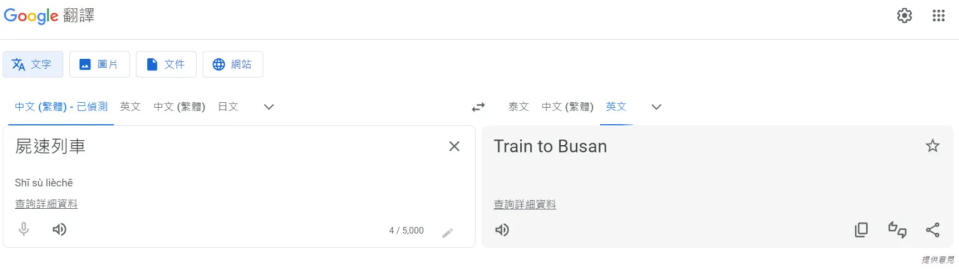 <strong>輸入「屍速列車」翻譯成英文，得到的翻譯結果是同名電影的英文片名。（圖／翻攝自Google翻譯頁面）</strong>