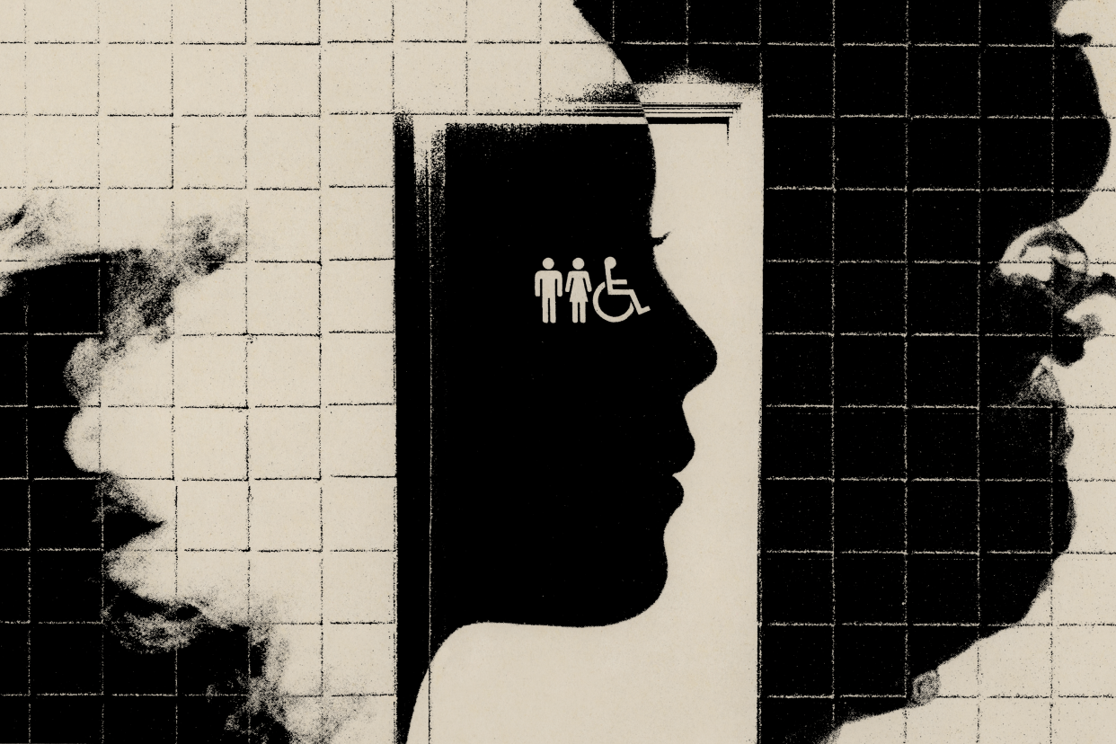 Black-and-white illustration of unisex bathroom door and tile wall with superimposed silhouette of face next to cloud of smoke.