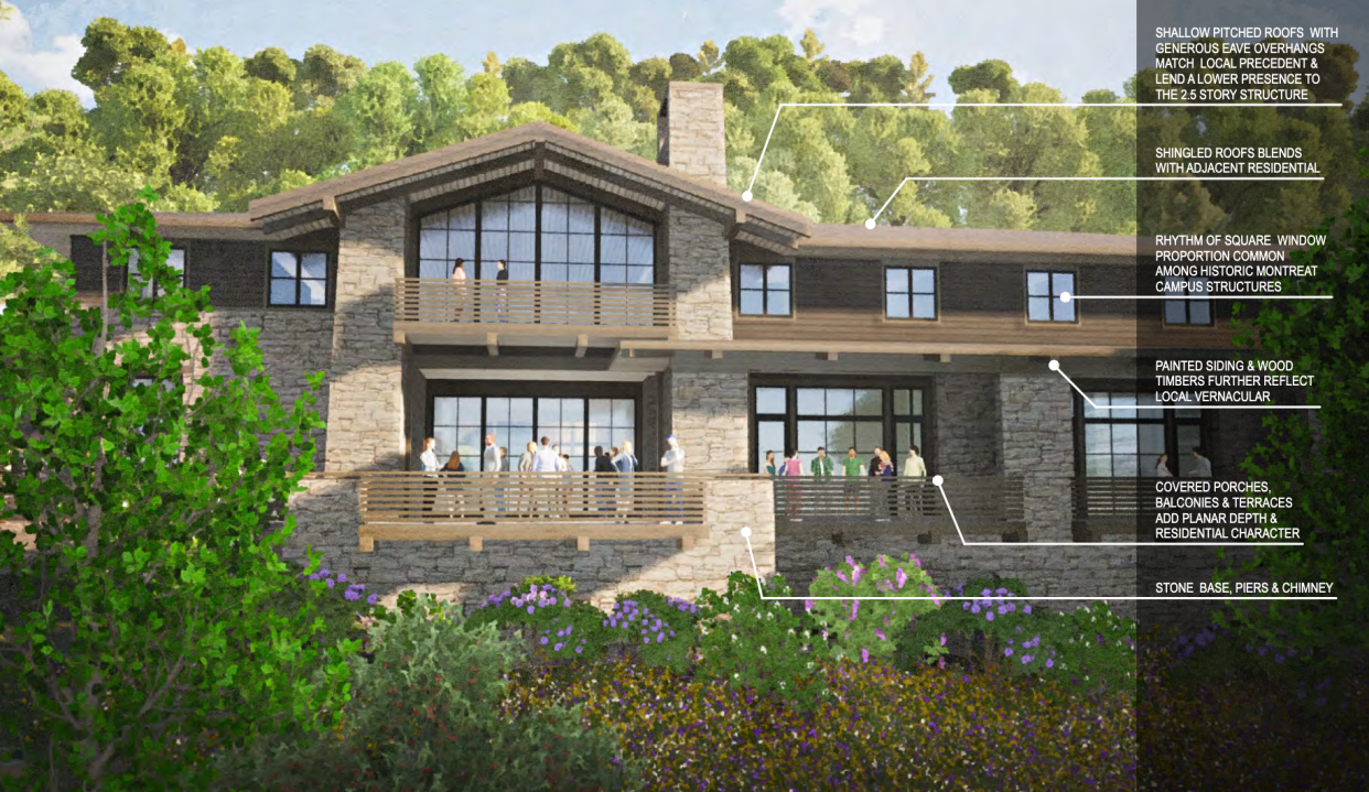 A rendering of the proposed MRA lodge includes details about how the lodge will incorporate various designs related to other Montreat architecture.