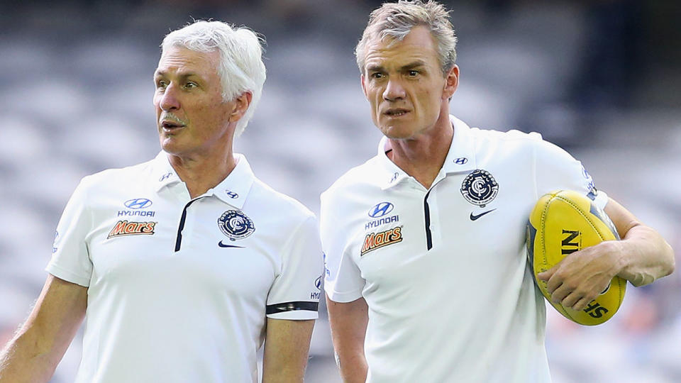 Michael Malthouse and Dani Laidley, pictured here during a Carlton game in 2015.