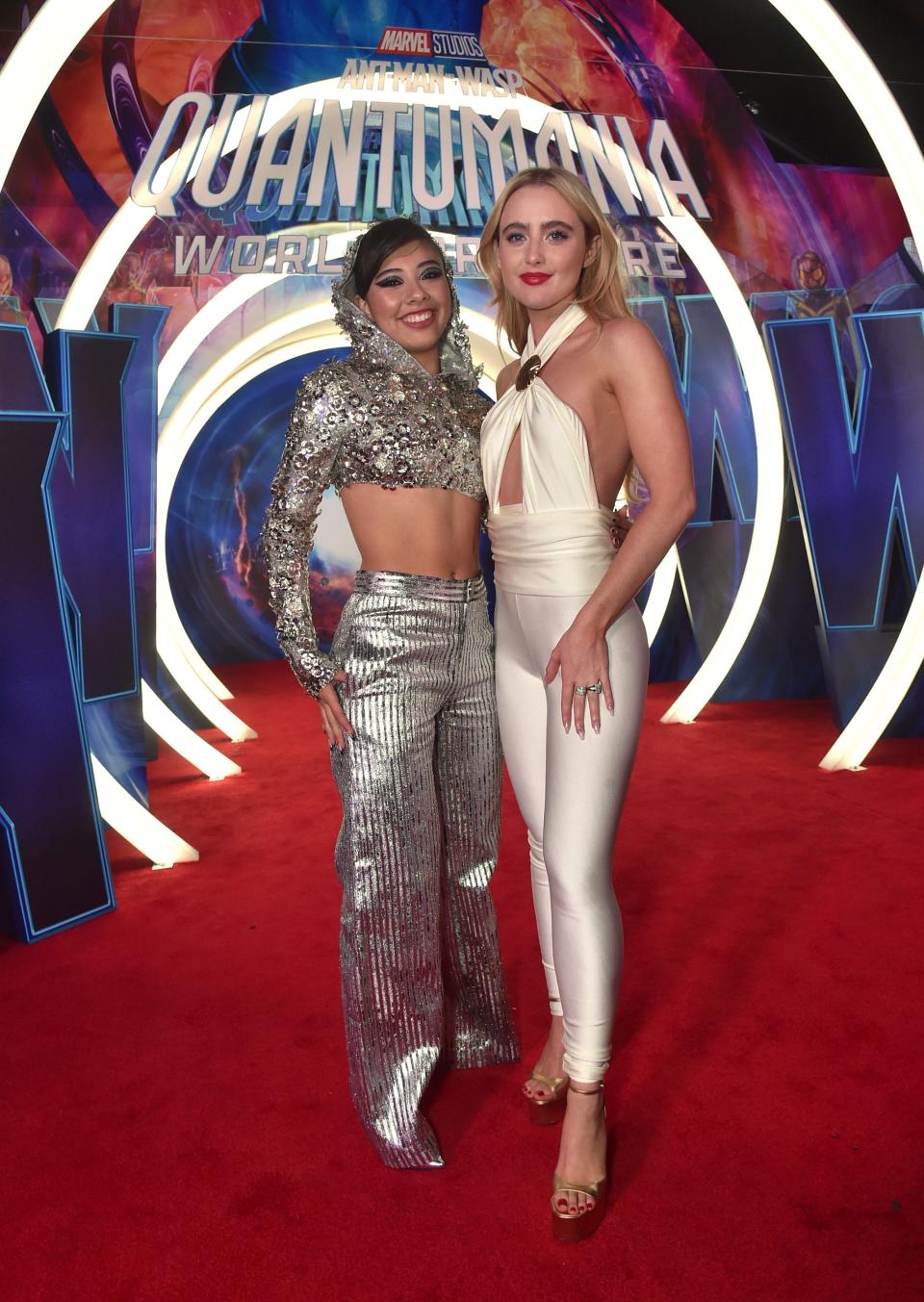 Young Marvel stars Xochitl Gomez and Kathryn Newton pose together at the Hollywood premiere of "Ant-Man and the Wasp: Quantumania."