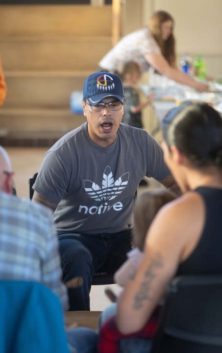 Marcelino Carson participates in the drum circle with members of Prairie Rose Wellbriety, a group for Native Americans in recovery, for people trying to get sober, or friends and family supporting them. (Jeff Tuttle / KMUW)