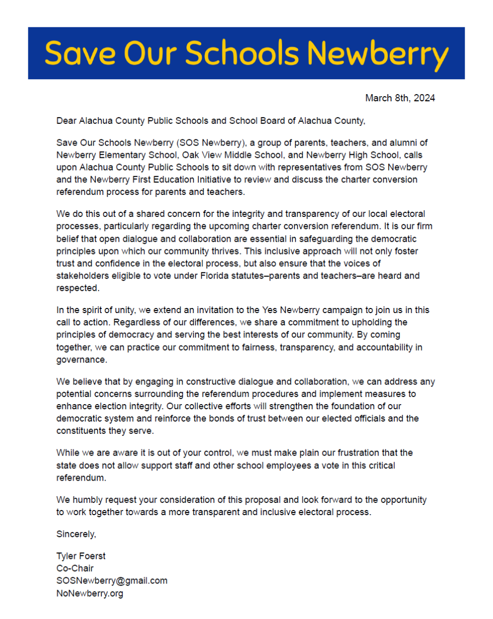 A screenshot of the Save Our Schools Newberry letter to Alachua County Public schools and Newberry Education First.