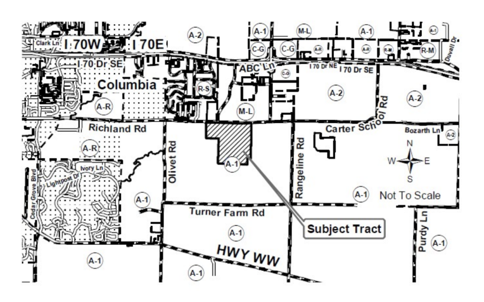 A map showing a proposed development at 8100 E. Richland Road that was denied Tuesday by the Boone County Commission.