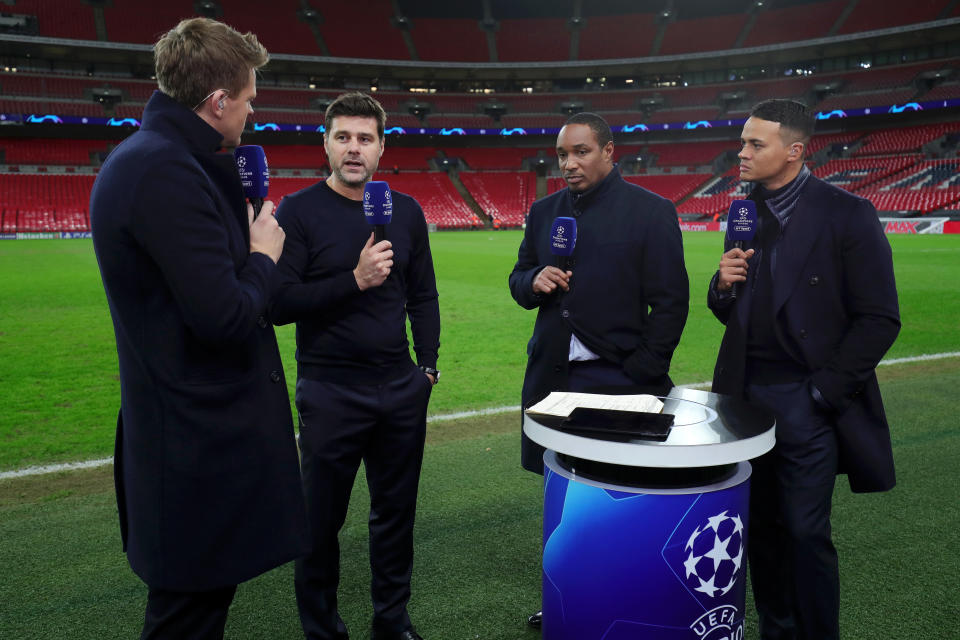 LONDON, ENGLAND - NOVEMBER 28:  Mauricio Pochettino, Manager of Tottenham Hotspur is interviewed after the match by the BT Sport team after the UEFA Champions League Group B match between Tottenham Hotspur and FC Internazionale at Wembley Stadium on November 28, 2018 in London, United Kingdom.  (Photo by Tottenham Hotspur FC via Getty Images)