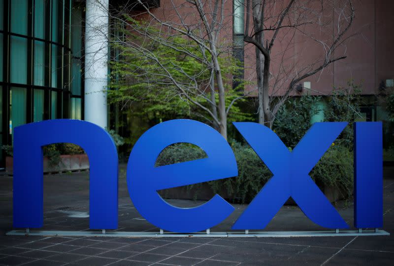 The logo of Italian payments group Nexi is pictured outside their headquarters in Milan