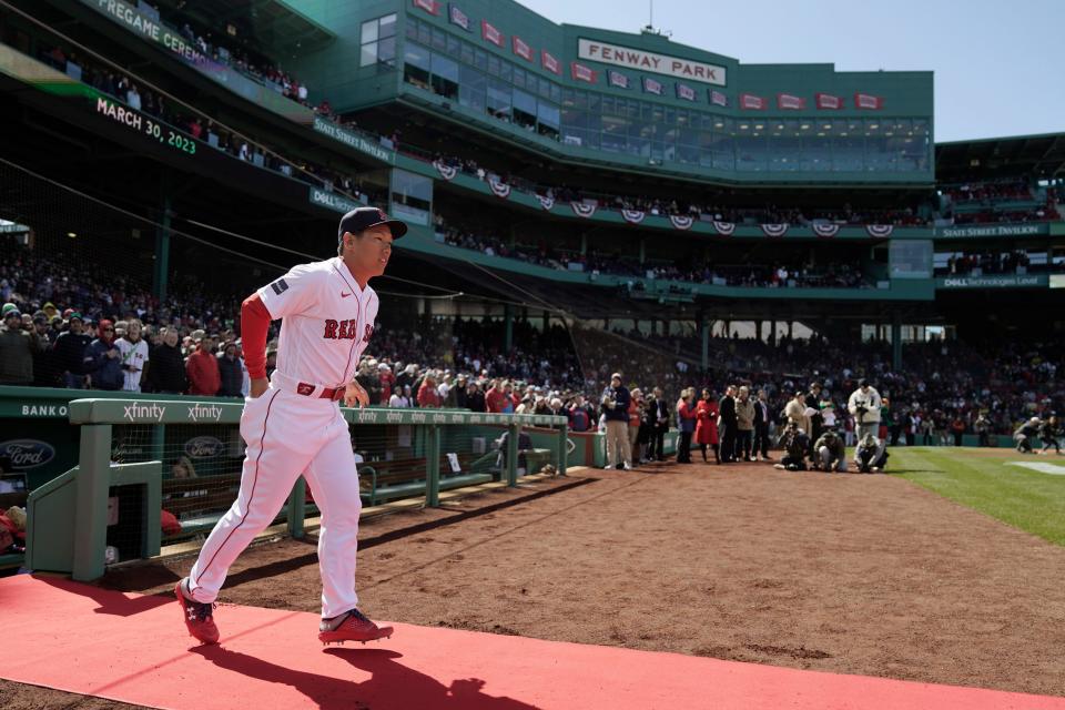 New Red Sox left fielder Masataka Yoshida is introduced prior to facing the Baltimore Orioles on Opening Day.