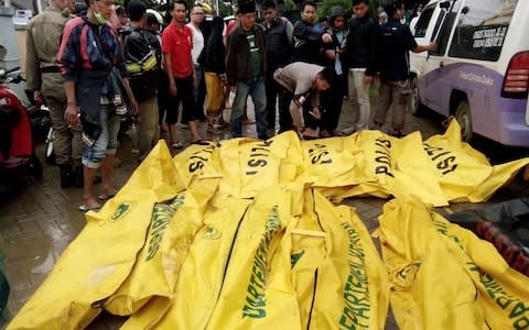 Bodies of victims recovered along Carita beach are placed in body bags  - Credit: AFP