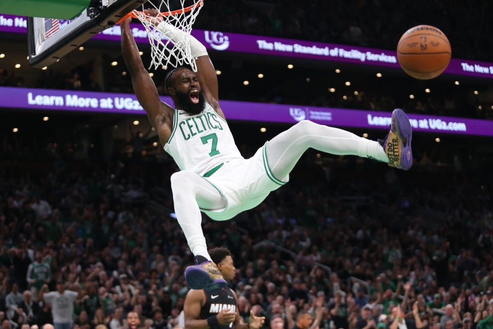 BOSTON, MASSACHUSETTS - OCTOBER 27: Jaylen Brown #7 of the Boston Celtics yells after a dunk during the second quarter against the Miami Heat at TD Garden on October 27, 2023 in Boston, Massachusetts. NOTE TO USER: User expressly acknowledges and agrees that, by downloading and or using this photograph, User is consenting to the terms and conditions of the Getty Images License Agreement. (Photo by Maddie Schroeder/Getty Images)