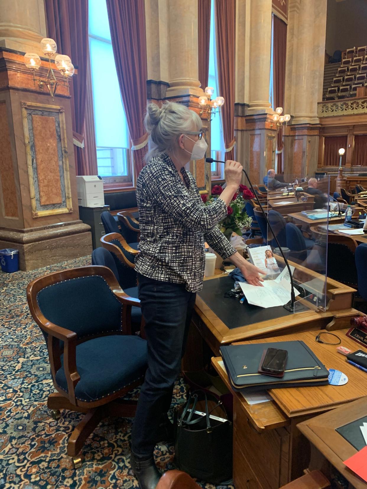 In February, Rep. Beth Wessel-Kroeschell broke an Iowa Capitol dress code by wearing jeans to the House floor, to protest the building's lack of mask mandate. (Photo: Courtesy of Rep. Beth Wessel-Kroeschell)