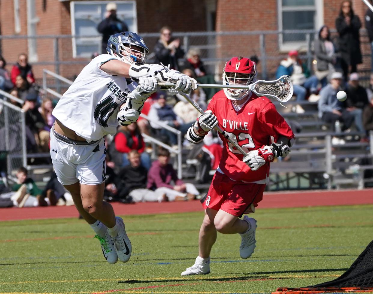 Pleasantville's Daniel Picart (10) works a pass during boys lacrosse action against Baldwinsville at Pleasantville High School on Saturday, March 30, 2024. Pleasantville won 9-4.