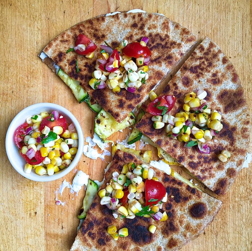 Goat Cheese Zucchini Quesadillas with Grilled Corn Pico de Gallo