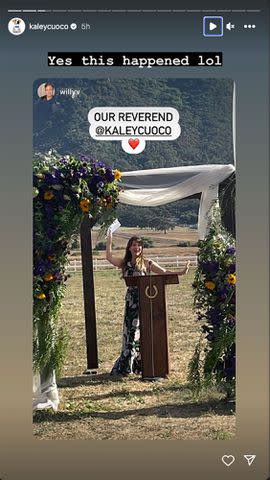 <p>Kaley Cuoco/Instagram</p> Kaley Cuoco Turns 'Reverend' At Friends' Wedding
