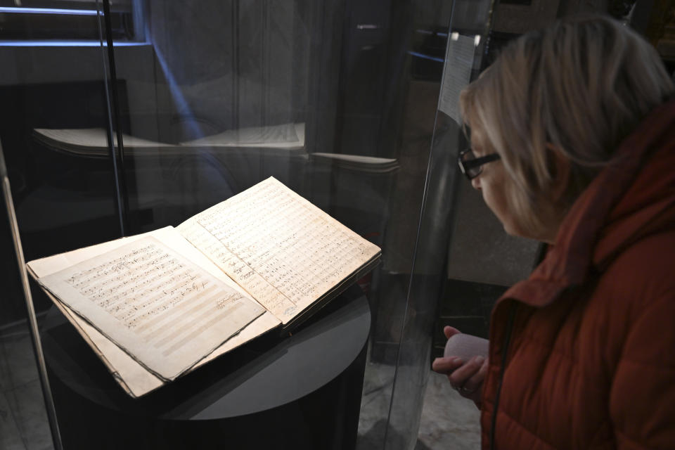 A Ludwig van Beethoven's music manuscript, is seen in the Moravian Museum's collection in Brno on Nov. 30 2022, in Brno, Slovakia. The autograph of the 4th movement of the string quartet in B-flat Major, op. 130, one of the highly valued late quartets by the German composer, is finally to be returned to the heirs of the rightful owners, once the richest family in pre-World War II Czechoslovakia, whose members had to flee the country to escape the Holocaust. (Šálek Václav/CTK via AP)