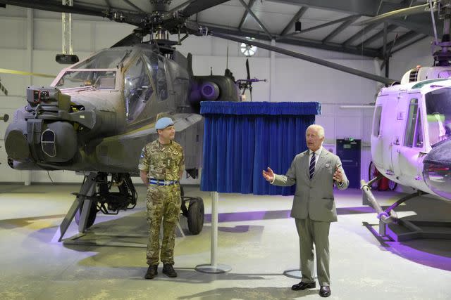 <p>AP Photo/Kin Cheung</p> King Charles at the Army Aviation Centre on May 13.