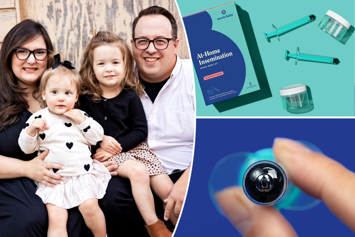 (Left) Married couple Mandi and Andrew Pitzer, from Dallas, Tex., with daughter Everly and Olivia. (Top right) Mosie Baby kit. (Bottom right) Mosie Baby kit tools.