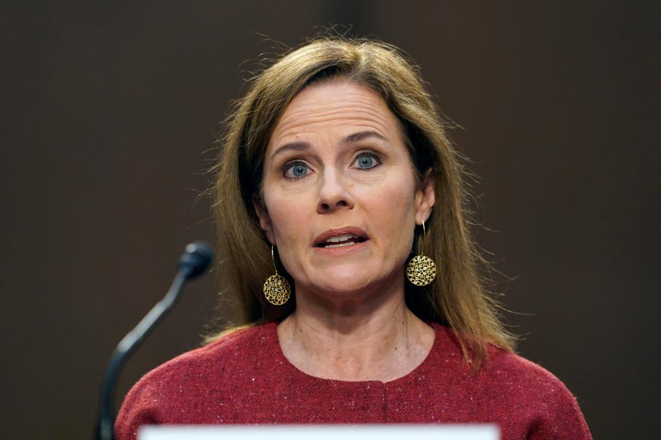 Supreme Court nominee Judge Amy Coney Barrett speaks on the second day of her Supreme Court confirmation hearing before the Senate Judiciary Committee on Tuesday.