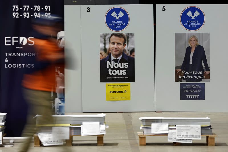 Official campaign posters of French presidential election candidates are displayed at France Affichage Plus dispatch hub in Mitry-Mory