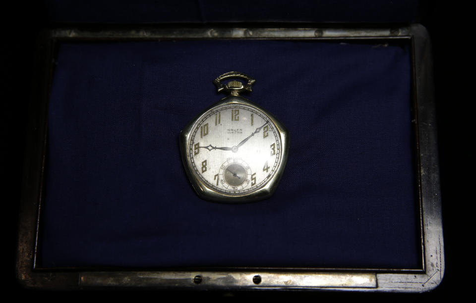 A pocket watch that was given to Babe Ruth in 1923 is displayed at Heritage Auctions office in Dallas, Wednesday, Jan. 22, 2014. (AP Photo/LM Otero)