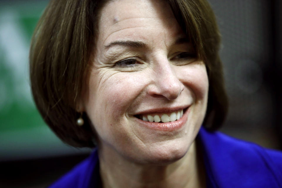 Democratic presidential candidate Sen. Amy Klobuchar, D-Minn., visits with attendees after speaking at a campaign event, Sunday, Jan. 19, 2020, in Des Moines, Iowa. (AP Photo/Patrick Semansky)