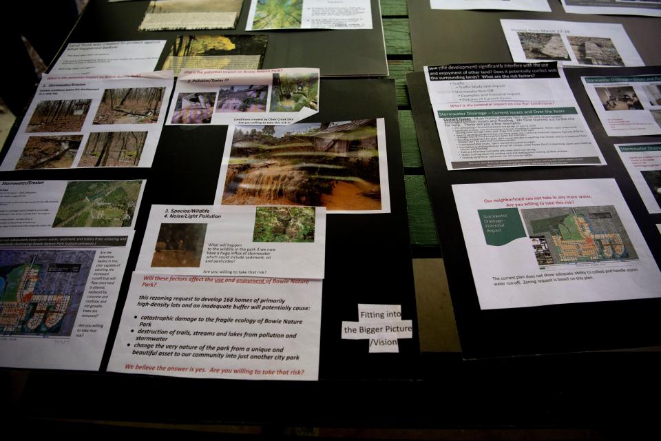 Posters depicting concerns from Loblolly Pine Alliance, a nonprofit formed in Fairview to advocate for "responsible and sustainable growth" at Bowie Nature Park in Fairview , Tenn., Thursday, May 12, 2022.