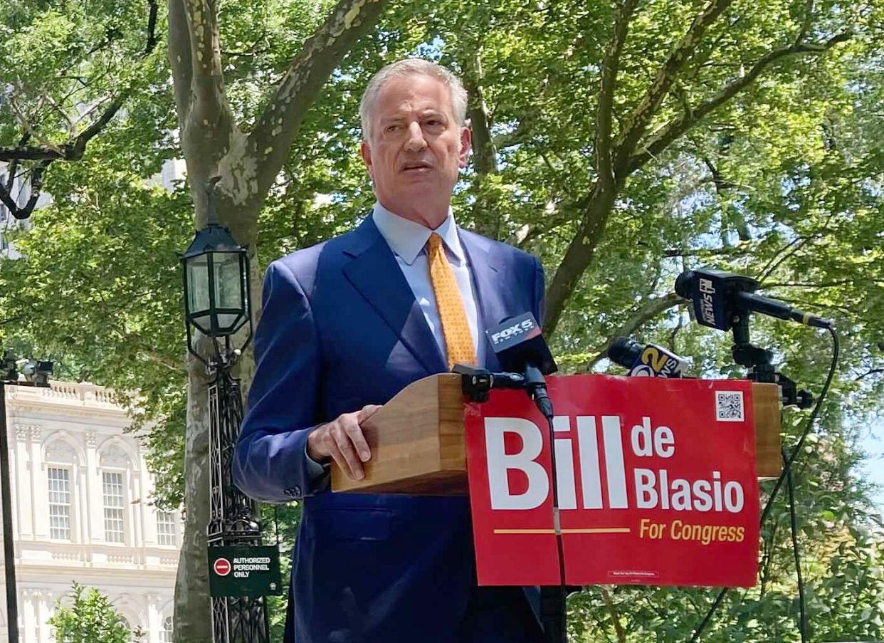 Former Mayor Bill de Blasio is pictured in City Hall Park in Manhattan on Monday, July 11, 2022.