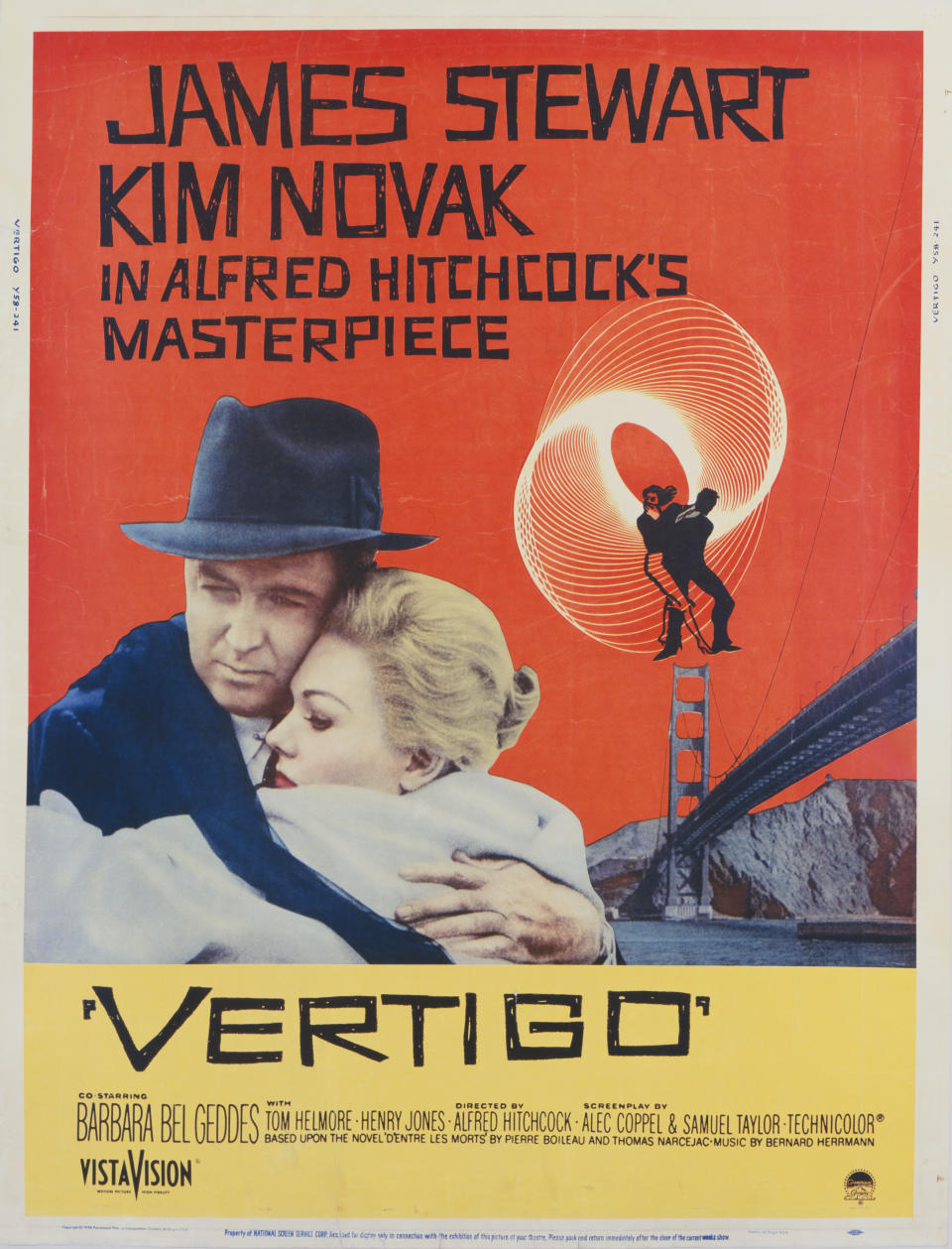 Un póster del thriller psicológico de Alfred Hitchcock de 1958, 'Vértigo', protagonizado por James Stewart y Kim Novak. (Foto de Movie Poster Image Art/Getty Images)