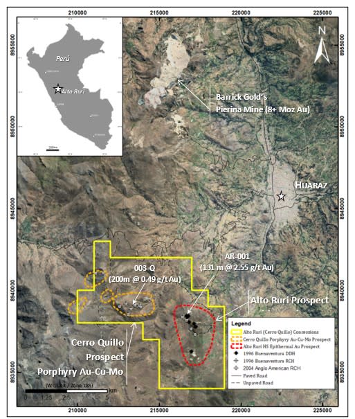 Figure 1: Location map showing the Alto Ruri concessions relative to Barrick Gold's Pierina gold mine.