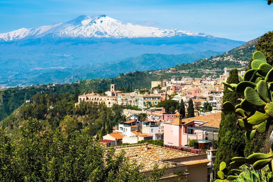 Italy, Sicily, Taormina, view to the city from above with Mount Etna in the background