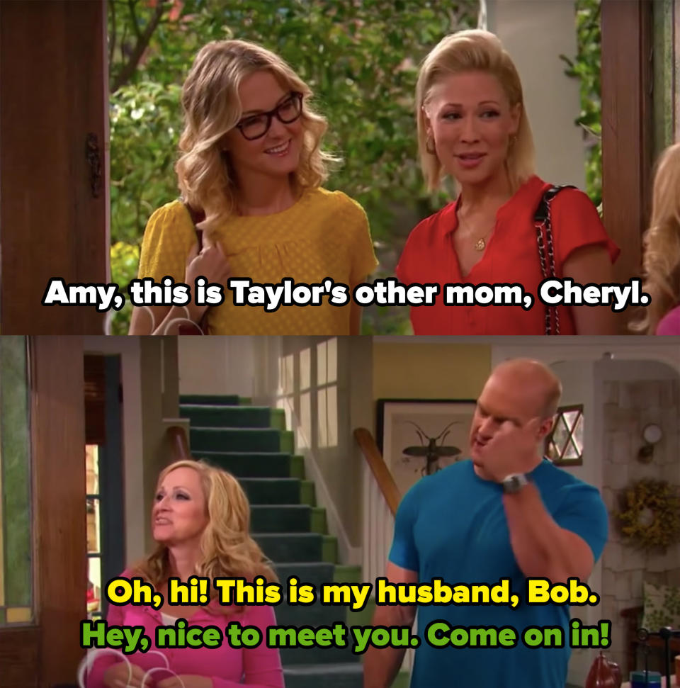 A woman saying "Amy, this is Taylor's other mom, Cheryl" and being greeted by a family