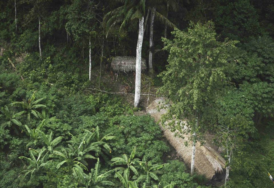 Uncontacted Indians react to a plane flying over their community in the Amazon basin