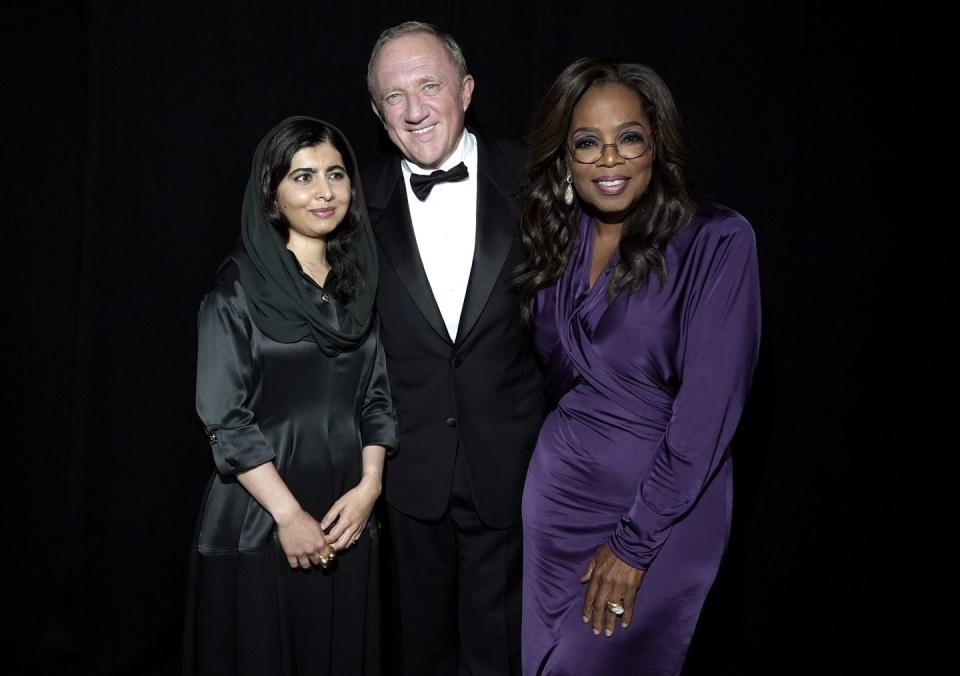 new york, new york september 12 l r malala yousafzai, françois henri pinault, and oprah winfrey attend the kering foundation second annual caring for women dinner at the pool on september 12, 2023 in new york city photo by ilya s savenokgetty images for kering