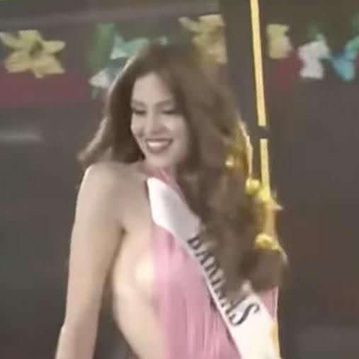 The beauty queen's right boob almost pops out - but it's her left one that later succeeds. Photo: Youtube