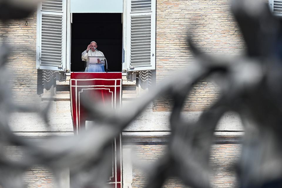 Pope Francis addresses worshipers from the window of the apostolic palace overlooking St. Peter's Square on September 6, 2020 in The Vatican, during the weekly Angelus prayer within the the COVID-19 infection, caused by the novel coronavirus. (Photo by Vincenzo PINTO / AFP) (Photo by VINCENZO PINTO/AFP via Getty Images)