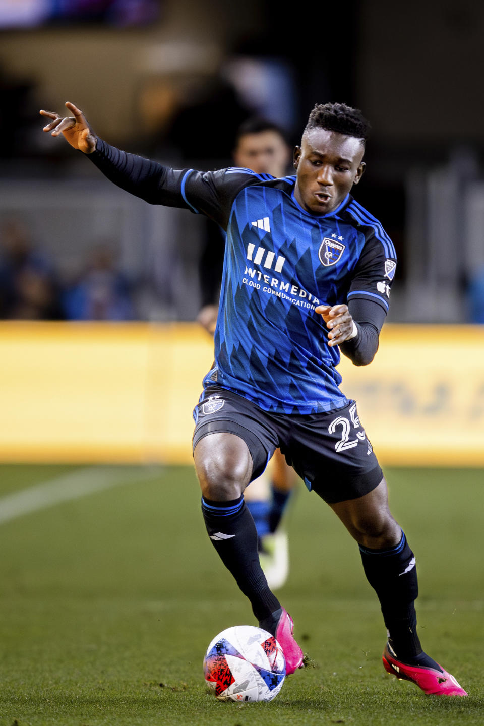FILE - San Jose Earthquakes forward Ousseni Bouda controls the ball during the second half of an MLS soccer match against the Portland Timbers in San Jose, Calif., Saturday, June 17, 2023. half of an MLS soccer match Saturday, March 18, 2023, in St. Louis. Bouda arrived at the Right to Dream academy not knowing the language and with no guarantees he’d be accepted into the residential development program and school. But the youngster showed talent and won a spot. Now, Right to Dream is coming to the United States as the academy under San Diego FC, which will join MLS as the league’s 30th team in 2025. (AP Photo/John Hefti, File)