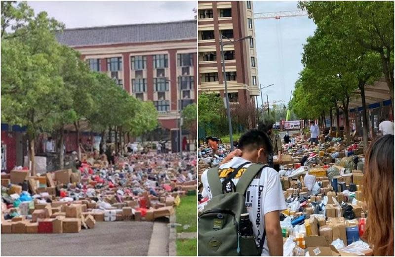 走進上海建橋學院，放眼望去全是學生包裹，多到佔據整條路。（翻攝微博）